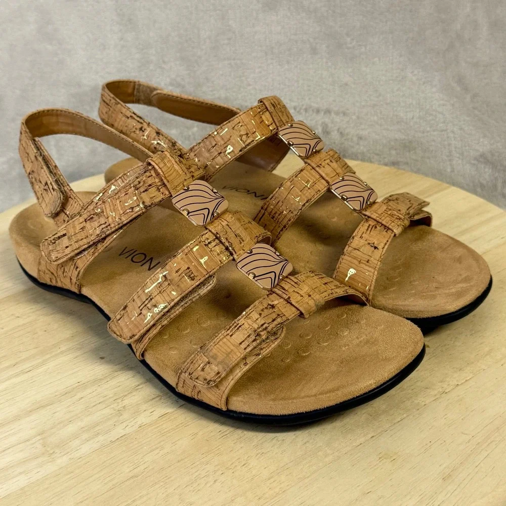 Vionic Amber Cork Gold Fleck Adjustable Slingback Sandals 44AMBER Women 9